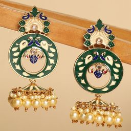 OOMPH Green & Off White Floral Jhumkas Earrings-49