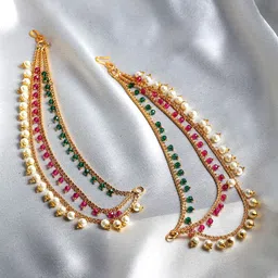 ZENEME Set of 2 Gold-Plated Multicoloured Stone-Studded Floral Ear Chain-16