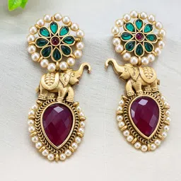 PRIVIU Gold-Plated Stone-Studded & Beaded Contemporary Drop Earrings-20