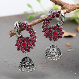 Silvermerc Designs Silver-Plated Pink Oxidised Dome Shaped Jhumkas Earrings-picture-14
