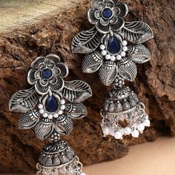 KARATCART Silver Plated Kundan Studded Oxidised Jhumkas-picture-38