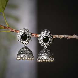 Bamboo Tree Jewels Silver-Plated Stone-Studded Dome Shaped Jhumkas-9