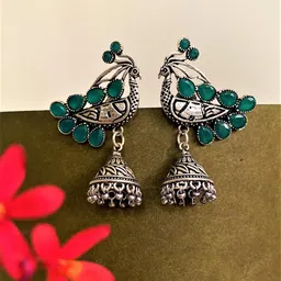 ATIBELLE Silver-Plated Stone Studded Peacock Shaped Jhumkas Earrings-55