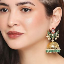 OOMPH Gold-Toned & Green Contemporary Jhumkas Earrings-9