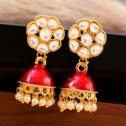 Crunchy Fashion Red & Gold-Toned Dome Shaped Jhumkas Earrings-image-13
