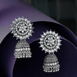 ATIBELLE Silver-Plated Kundan-Studded Jhumkas-image-87