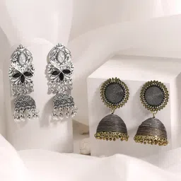 Rubans Silver-Toned Dome Shaped Jhumkas Earrings-14