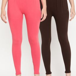 TAG 7 Women Pack Of 2 Peach & Brown Solid Ankle-Length Leggings-image-89