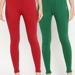 TAG 7 Women Pack Of 2 Maroon & Green Solid Ankle-Length Leggings-image-92