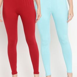 TAG 7 Women Maroon & Blue Solid Ankle-Length Leggings Pack Of 2-image-101