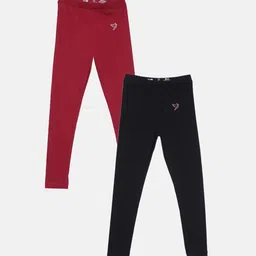 TWIN BIRDS Girls Pack Of 2 Black & Maroon Solid Pure Cotton Ankle-Length Leggings-picture-7