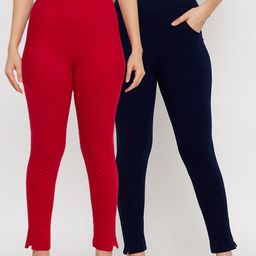 Clora Creation Women Pack of 2 Solid Red and Navy Blue Ankle Length Leggings-picture-6