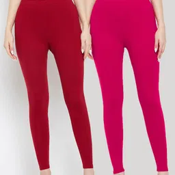 Clora Creation Women Set Of 2 Maroon & Pink Solid Ankle Length Leggings-image-13