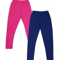 FRENCH KLEIDER Girls Pack Of 2 Pink & Blue Solid Cotton Churidar-length Leggings-image-101
