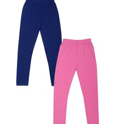 FRENCH KLEIDER Girls Pack Of 2 Pink & Blue Solid Cotton Churidar-Length Leggings-image-102