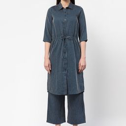 OFFICE & YOU Striped Shirt Collar Cotton Tunic-image-37