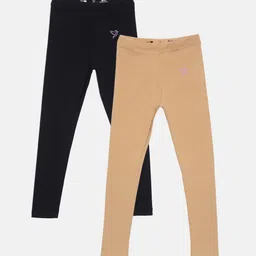 TWIN BIRDS Girls Pack Of 2 Beige & Black Solid Ankle-Length Pure Cotton Leggings-45