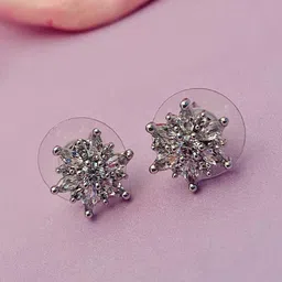 Anouk Silver-Toned Silver-Plated American Diamond Floral Stud Earrings-52