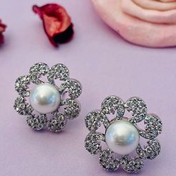Anouk Silver-Toned Silver-Plated American Diamond Floral Stud Earrings-30