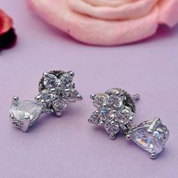 Anouk Silver-Toned Silver-Plated American Diamond Floral Stud Earrings-14
