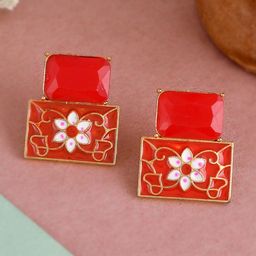 Silvermerc Designs Red & Gold-Plated Square Chalcedony Meenakari Studs Earrings-image-0