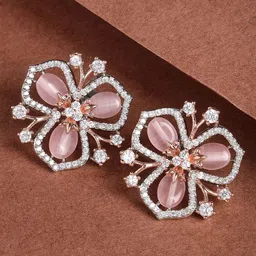 KARATCART Rose Gold-Plated Cubic Zirconia-Studded Floral Studs Earrings-11