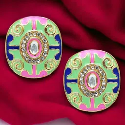 Anouk Gold Toned & Green Gold Plated Kundan Meenakari Studs Earrings-18