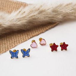 EL REGALO Set of 3 Stainless Steel Artificial Stones Stud Earrings-2