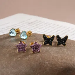 EL REGALO Set Of 3 Stone Studded Contemporary Stud Earrings-2
