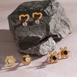 EL REGALO Set of 3 Stainless Steel Artificial Stones Stud Earrings-image-74