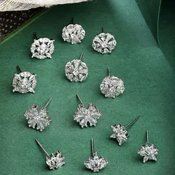 ZENEME Set Of 6 Rhodium-Plated Artificial Stones Studded Floral Shaped Studs-1