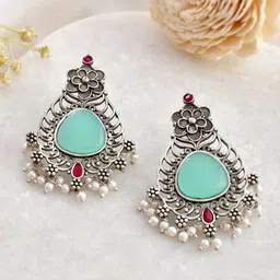 DASTOOR Silver Plated Stone Studded & Beaded Contemporary Oxidise Drop Earrings-50