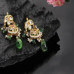 DUGRISTYLE Gold-Plated Teardrop Design Kundan & Pearls Drop Earrings-picture-20