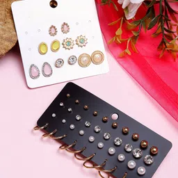 DressBerry Gold-Toned & White Set Of 26 Gold-Plated Contemporary Studs Earrings-2