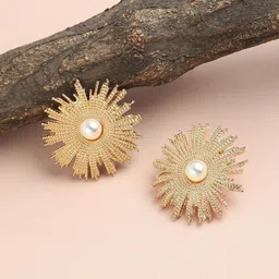 SOHI White & Gold-Plated Floral Studs Earrings-image-95