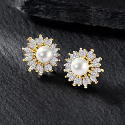 Peora Gold-Plated Floral Cubic Zirconia Studs Earrings-52