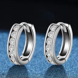 MYKI Silver-Toned Cubic Zirconia Studded Contemporary Hoop Earrings-1