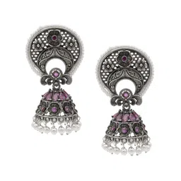 Shining Jewel - By Shivansh Silver-Plated Dome Shaped Cubic Zirconia Jhumka Earrings-image-22