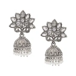 Shining Jewel - By Shivansh Silver-Plated Brass Dome Shaped Cubic Zirconia Jhumka Earrings-image-81