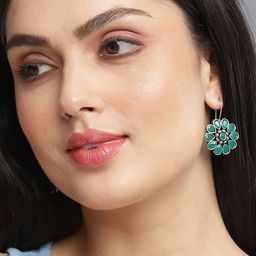 SOHI Silver-Plated Green Floral Drop Earrings image 1