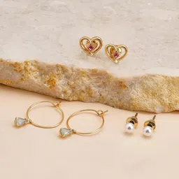 Accessorize Set Of 3 Metal Geometric Stone Studded Studs Earrings-6