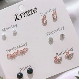 Jewels Galaxy Set of 6 Rose Gold Plated Crystals Studs Earrings-15