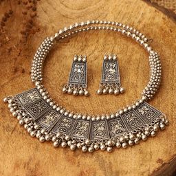 VENI Silver Toned Silver Plated Oxidized Ghungroo Beaded Jewellery Set-image-67
