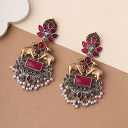 Priyaasi Silver-Plated Artificial Stoned Oxidized Drop Earrings-56