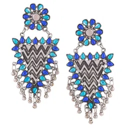 Yellow Chimes Silver Plated Oxidised Triangular Stone Studded Drop Earrings image 4