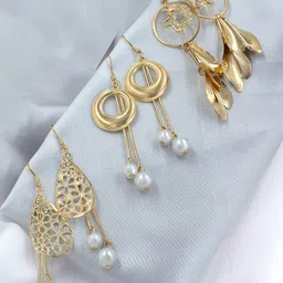 PRIVIU Set Of 3 Gold-Plated Beaded Contemporary Drop Earrings-43
