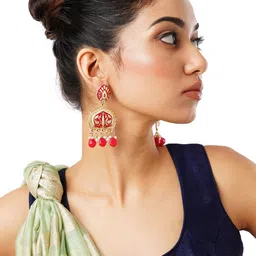 Anouk Gold-Plated Gold-Toned & Red Classic Shaped Drop Earrings-11