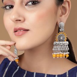 Rubans Silver-Toned & Orange Stone Studded & Beaded Oxidized Drop Earrings-image-67