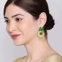 Alamod Gold-Plated Stone Studded Leaf Shaped Drop Earrings image 2