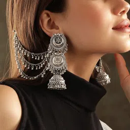 Rubans Silver-Plated Dome Shaped Jhumkas With Hair Chain-22